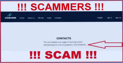 Coinumm Com phone number listed on the crooks website