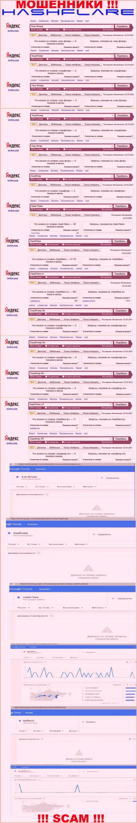 Количество запросов в поисковиках всемирной интернет сети по бренду мошенников Hash Flare
