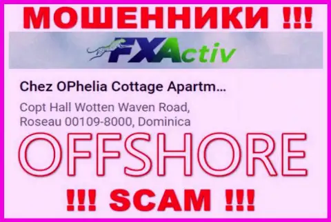 Организация ФХАктив Ио указывает на сайте, что расположены они в оффшорной зоне, по адресу: Chez OPhelia Cottage ApartmentsCopt Hall Wotten Waven Road, Roseau 00109-8000, Dominica