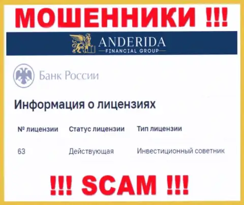 Андерида уверяют, что имеют лицензию на осуществление деятельности от Центробанка Российской Федерации (данные с онлайн-ресурса мошенников)