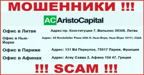 Во всемирной internet сети и на сайте кидал Aristo Capital нет правдивой информации об их официальном адресе регистрации