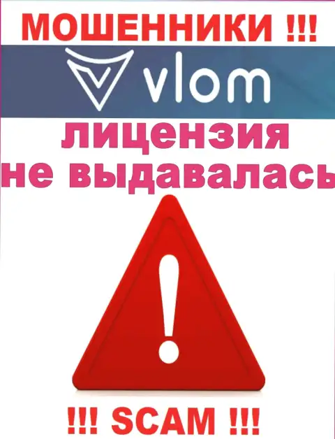 Деятельность разводил Vlom заключается в краже финансовых вложений, в связи с чем у них и нет лицензии на осуществление деятельности