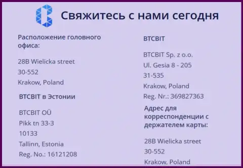 Юридический адрес онлайн-обменки БТК Бит и месторасположение офиса криптовалютного онлайн-обменника в Эстонии