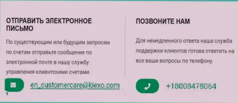 Телефон и адрес электронной почты дилинговой организации KIEXO