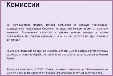 Проценты за операции в криптовалютном онлайн-обменнике BTCBIT